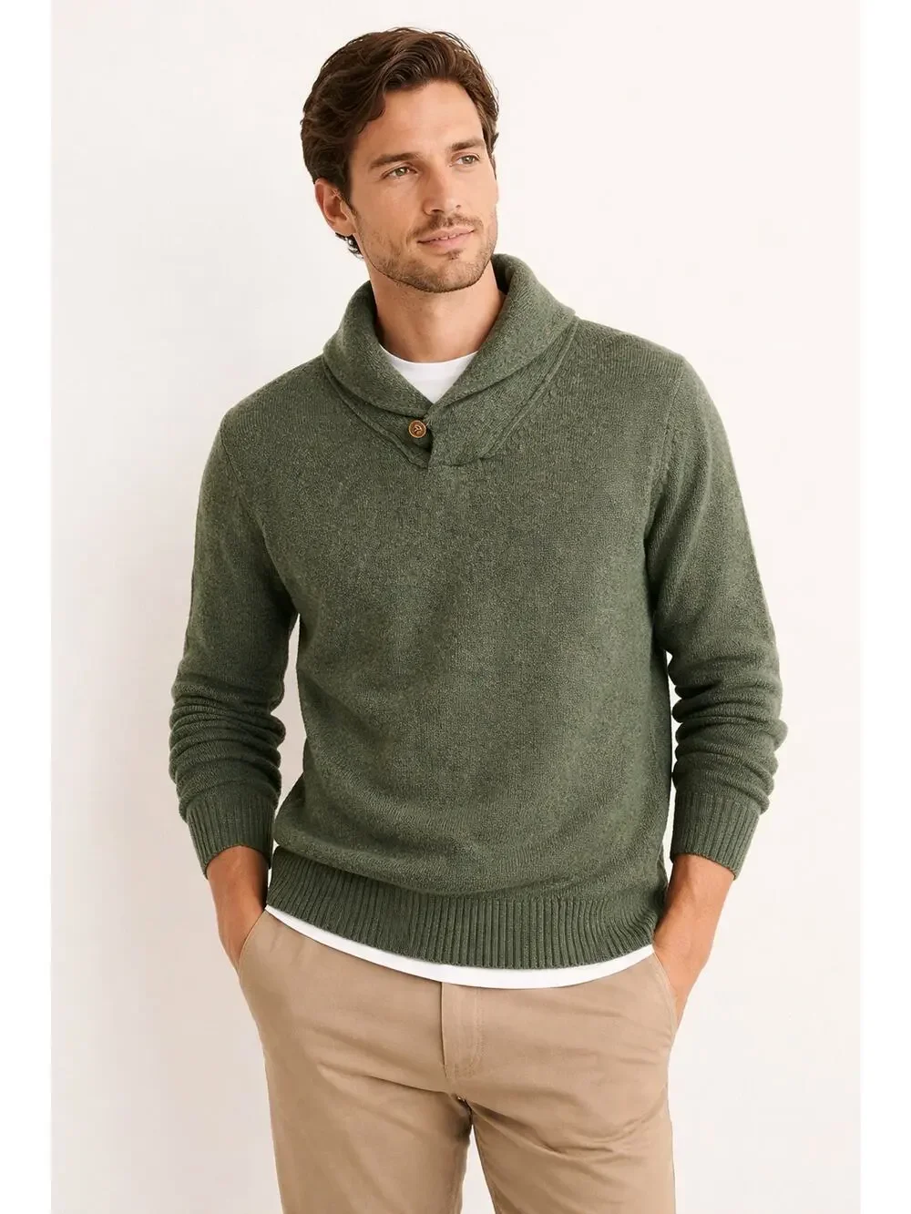 J.Crew Premium Lambswool Shawl Collar Sweater – Olive Green – Size M